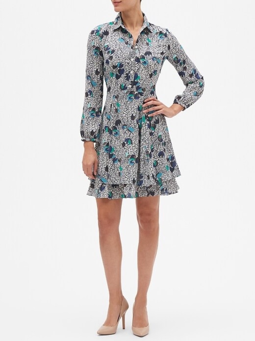 Banana Republic Blue Green Abstract Floral Long Sleeve Shirtdress Size 4